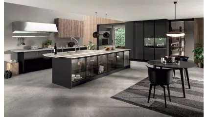 Cucina Design con isola Penelope in HPL Nero opaco e vetro di Aran