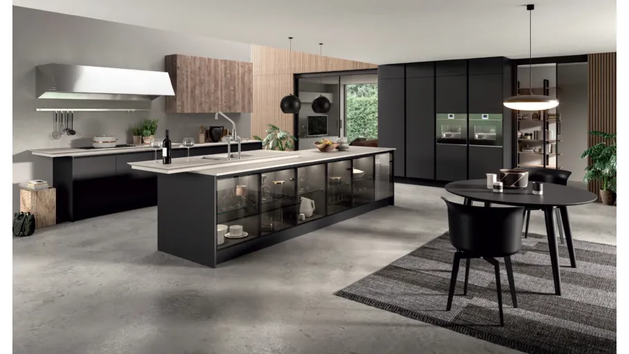 Cucina Design con isola Penelope in HPL Nero opaco e vetro di Aran