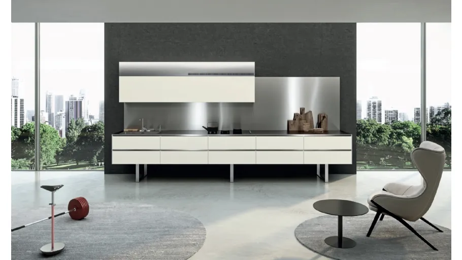 Cucina Design lineare Sipario in Fenix Bianco Kos e Acciaio inox di Aran