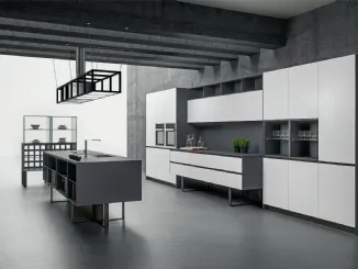 Cucina Design Sipario con isola in Fenix Grigio Bromo e Bianco Alaska di Aran