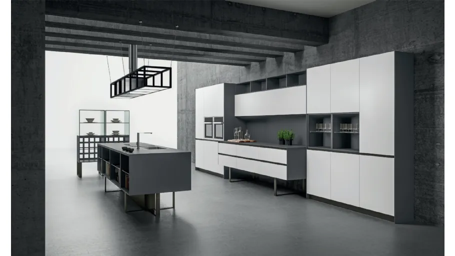 Cucina Design Sipario con isola in Fenix Grigio Bromo e Bianco Alaska di Aran