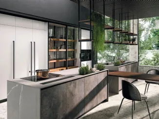 Cucina Design Volare con piante inserite nel top in laminato con penisola centrale di Aran