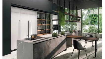 Cucina Design Volare con piante inserite nel top in laminato con penisola centrale di Aran