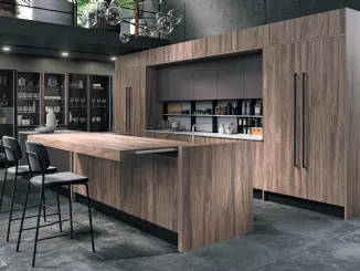 Cucina Design con isola Volare in Legno e Vetro di Aran