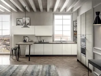 Cucina Moderna in laccato lucido e laminato Rovere Atalanta con penisola Cloe di Arredo3