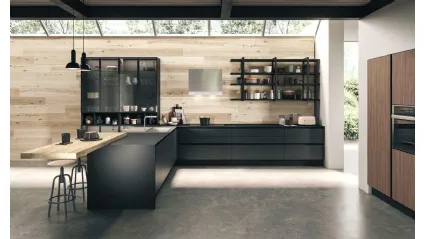 Cucina Moderna angolare con penisola in vetro Grigio fumé con mensole laccate opaco Nero di Aran