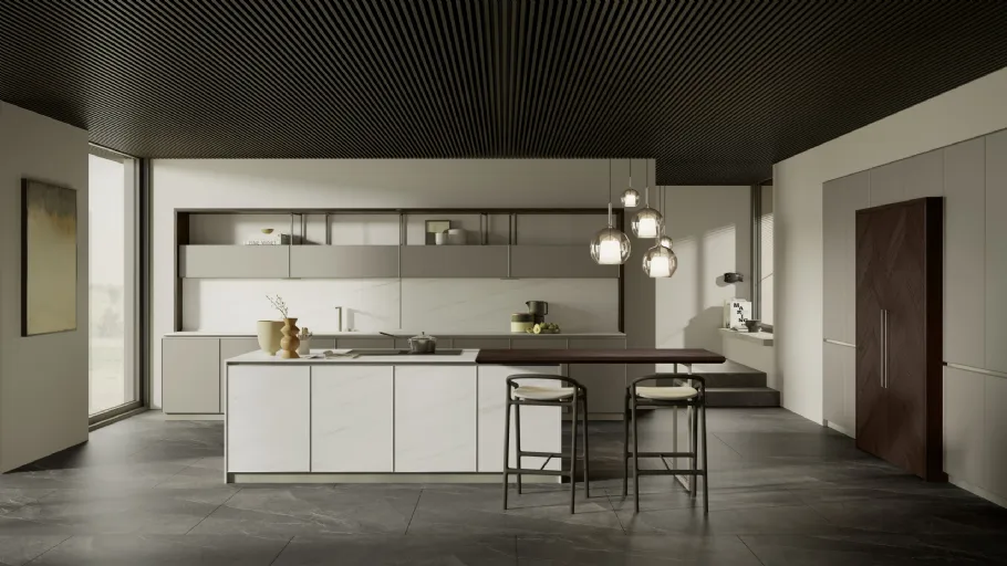 Cucina Moderna Blend in laccato opaco Platino con isola in laminam Bianco Lasa e banco snack in Rovere tinto Wengé di Composit