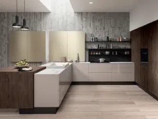 Cucina Moderna angolare Erika in PET grigio Beton e LPL Quercia Moka di Aran