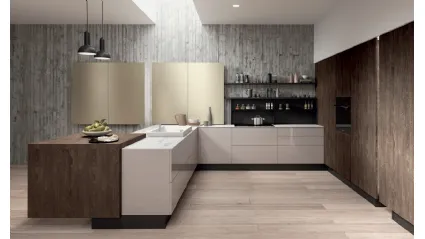 Cucina Moderna angolare Erika in PET grigio Beton e LPL Quercia Moka di Aran