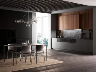 Cucina Moderna Kalì in laccato Lavagna opaco e laminato Noce America con top e schienali in laminato Pietra nera di Arredo3