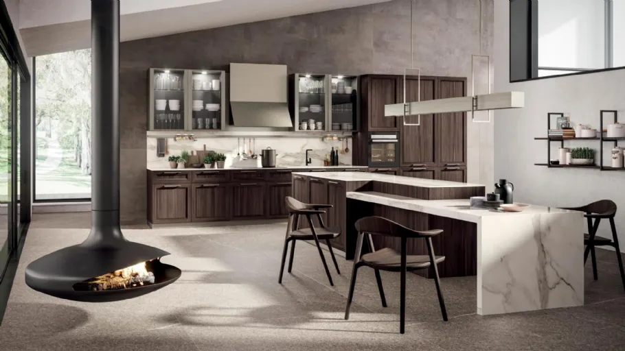 Cucina Moderna con isola Marilyn in Rovere cotto con top in marmo di Composit