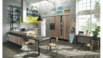 Cucina Moderna angolare con penisola Mia in melaminico Rovere graffiato di Aran