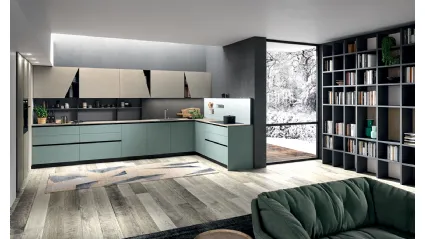 Cucina Moderna angolare Mia in LPL Verde Oliva e Argilla di Aran