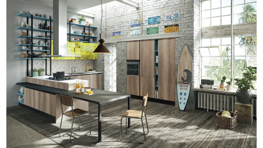 Cucina Moderna con penisola Mia in melaminico Rovere graffiato di Aran