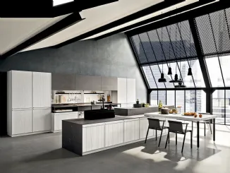 Cucina Moderna con isola Pepper in Larice Bianco spazzolato e laminam Greco Nero di Composit