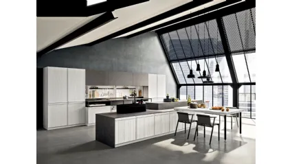 Cucina Moderna con isola Pepper in Larice Bianco spazzolato e laminam Greco Nero di Composit