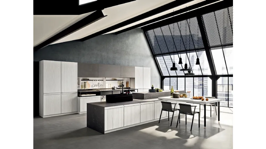 Cucina Moderna con isola Pepper in Larice Bianco spazzolato e laminam Greco Nero di Composit