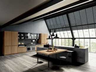 Cucina Moderna con isola Pepper finitura Olmo e laccato opaco Antracite con top in laminam Nero Greco di Composit