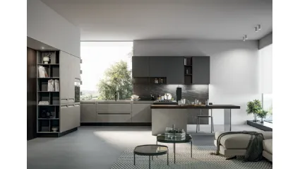 Cucina Moderna angolare in Pet opaco resina polvere, pensili in polimerico opaco lavagna e top in pietra grey con penisola Tekna di Arredo3