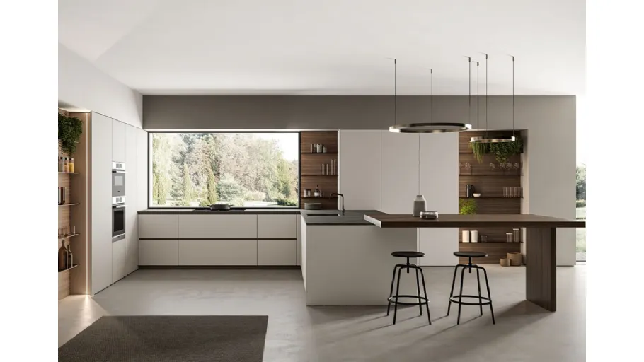 Cucina Moderna angolare laccato opaco Nebbia con penisola in Eucalipto Noce Time di Arredo3
