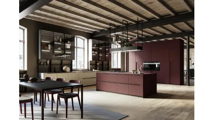Cucina Moderna con isola Tratto 10 in Pet riciclato e piano in laminato speciale Fenix rosso Jaipur di Arredo3