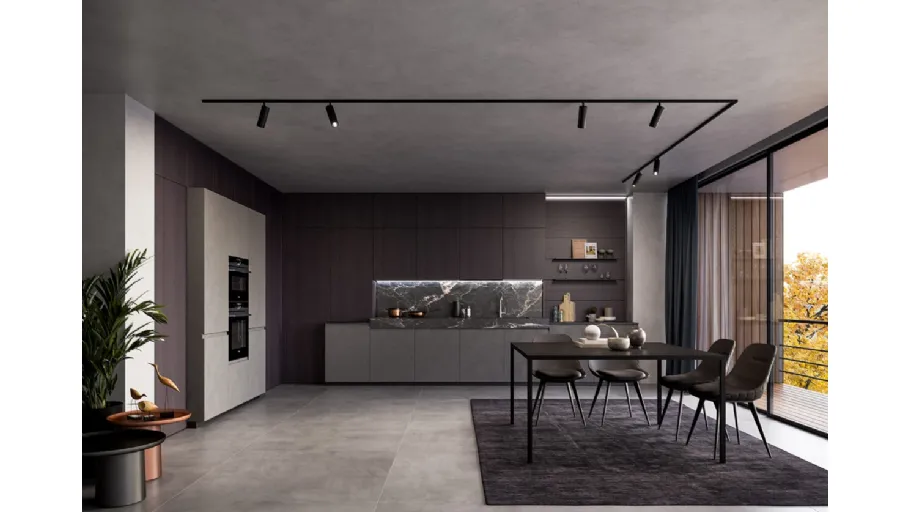 Cucina Moderna lineare in laminato Resina Cromo e impiallacciato Coke con top in ceramica effetto Marmo Nero rigato Wega di Arredo3
