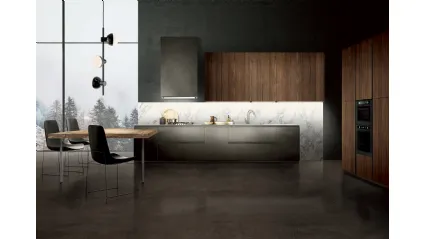 Cucina su misura di design Touch in Resina Anthracite e Noce Americano con penisola in legno Antico di Composit