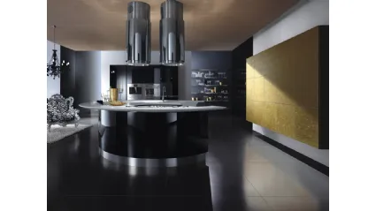 Cucina Maxima in inox e laccato nero lucido con Isola ed elementi con ante finiture Oro sospesi di C